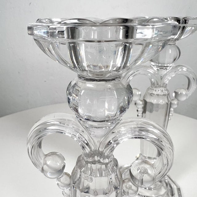 Late 20th Century Art Deco Pair Crystal Candle Holders Scalloped Fleur De Lis Austria For Sale - Image 5 of 12