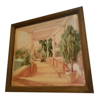 Unsigned Watercolor Painting of a Pergola Covered Walkway For Sale