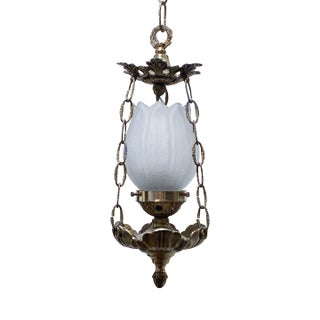 Vintage Brass Lantern With Frosted Glass Shade For Sale