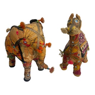 Mid-Century Indian Folk Art Elephant & Camel Pair | Handmade Shisha Embroidery | Rajasthan Textile Sculptures For Sale