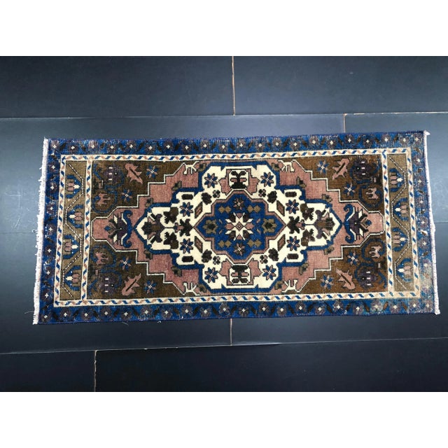 Vintage Turkish Anatolian Handmade Wool Brown and Blue Small Rug For Sale In Phoenix - Image 6 of 6