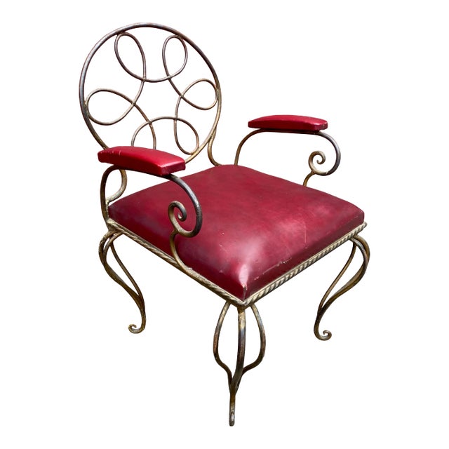 Ornate Wrought Iron Armchair in Oxblood Red Vinyl For Sale