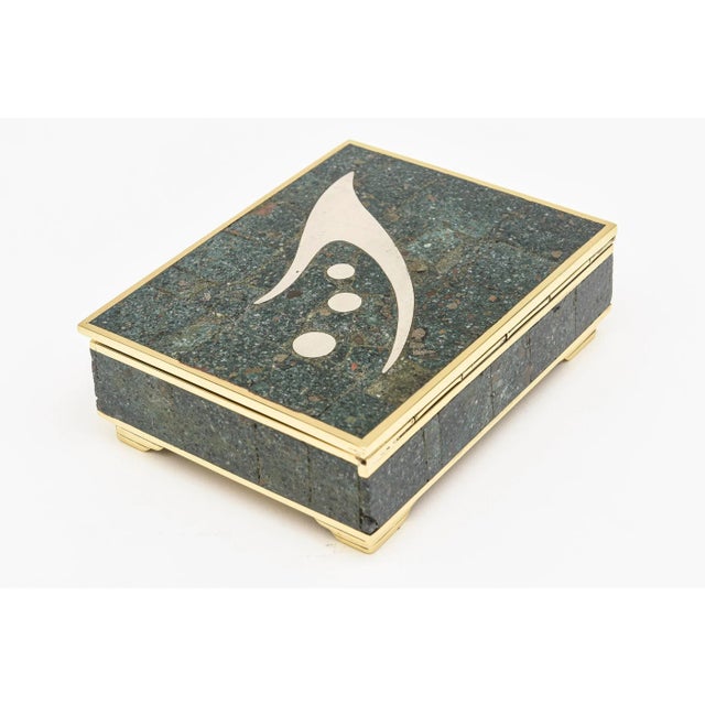 Mid-Century Modern Vintage Sigi Pieneda Hinged Box With Brass, Rosewood, Silver, Sodalite, Turquoise Crushed Stone 1950's For Sale - Image 3 of 11