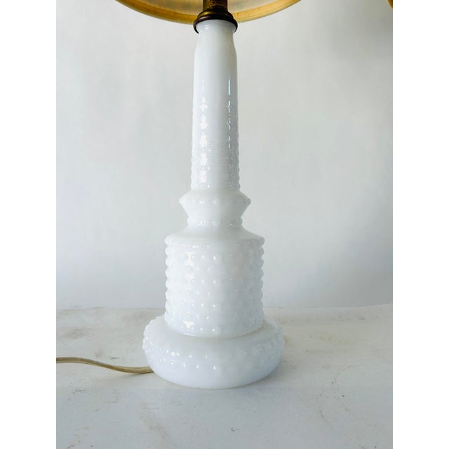 Vintage midcentury modern white hobnail milk glass table lamps Set of 2 comes with beautiful shades. 20"H with shades , in...
