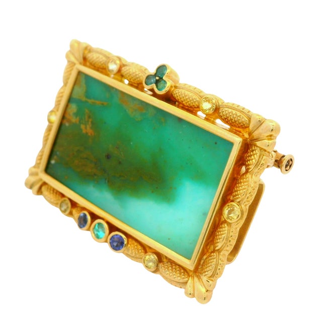 Early 21st Century 21.75 Carat Opal Sapphire Paraiba 18k Yellow Gold Portrait Brooch-Pendant For Sale - Image 5 of 6