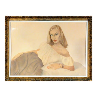 1940s Art Deco Style Fashion Portrait Drawing by Raynaldo Luza, Framed For Sale