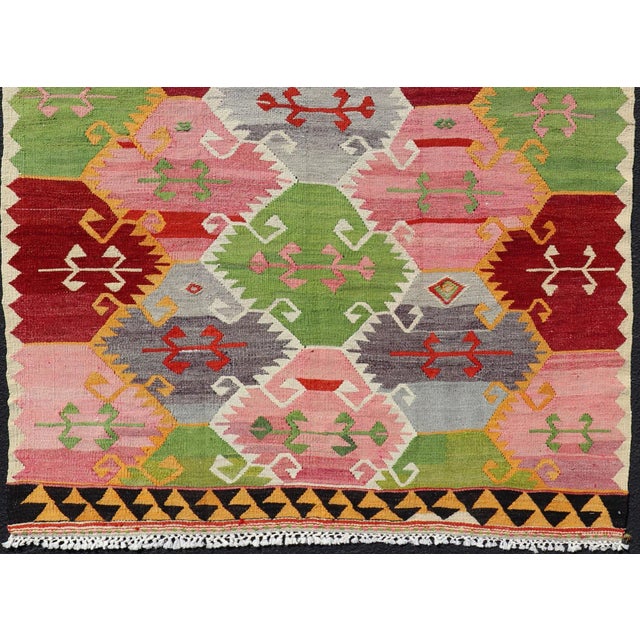 Red Mid 20th Century Vintage Turkish Kilim With Bright & Colorful Geometric Diamond Design For Sale - Image 8 of 12
