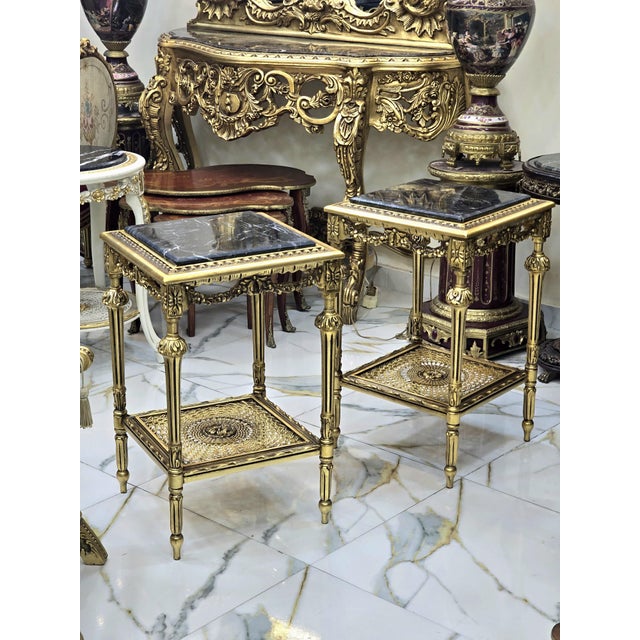 French French Style Black Marble Topped Gold Side Tables - Set of 2 For Sale - Image 3 of 4