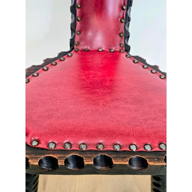 Gothic Vintage Spanish Brutalist Tripod Chair With Red Leather Upholstery For Sale - Image 3 of 14