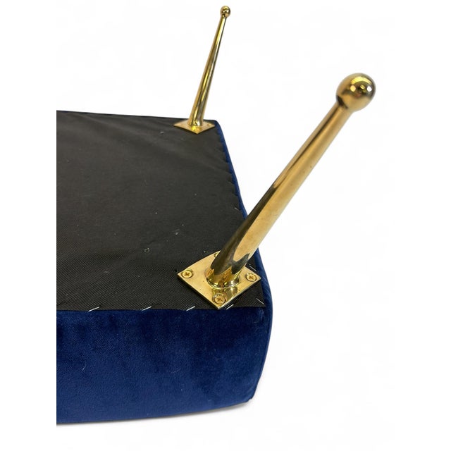 Mid-Century Modern Pair of Bespoke Stools in Navy Blue Velvet With Solid Brass Ball Point Legs For Sale - Image 3 of 6
