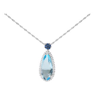 18K White Gold 3/8 Cttw Pave Set Diamond and Sky Blue Topaz and Blue Sapphire Gemstone Floral Teardrop Halo 18" Pendant Necklace For Sale