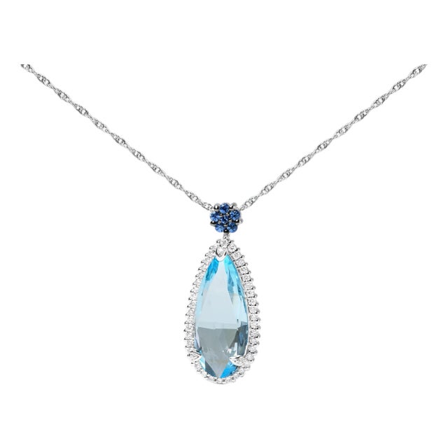 18K White Gold 3/8 Cttw Pave Set Diamond and Sky Blue Topaz and Blue Sapphire Gemstone Floral Teardrop Halo 18" Pendant Necklace For Sale