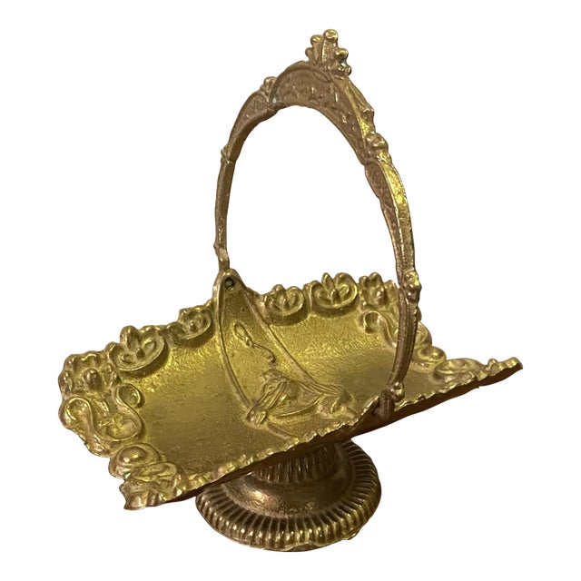 Antique Gold Brass Horse Dish With Handle For Sale