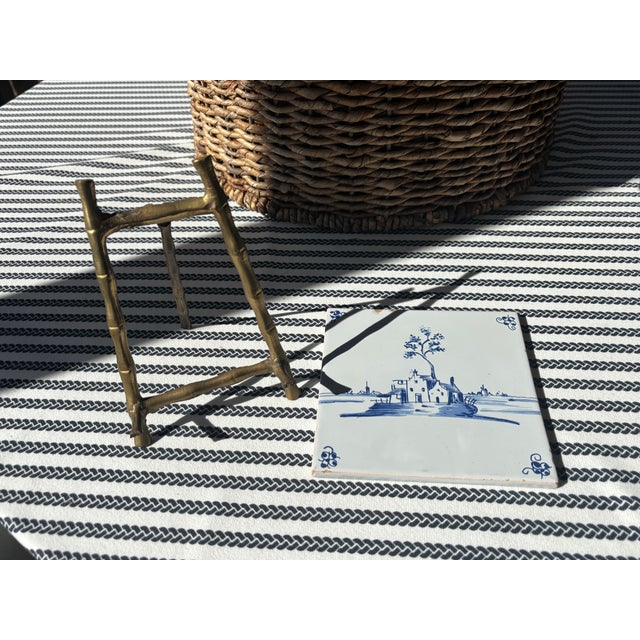 Blue Vintage Blue and White Delftware Tile With Brass Faux Bamboo Easel Stand For Sale - Image 8 of 10
