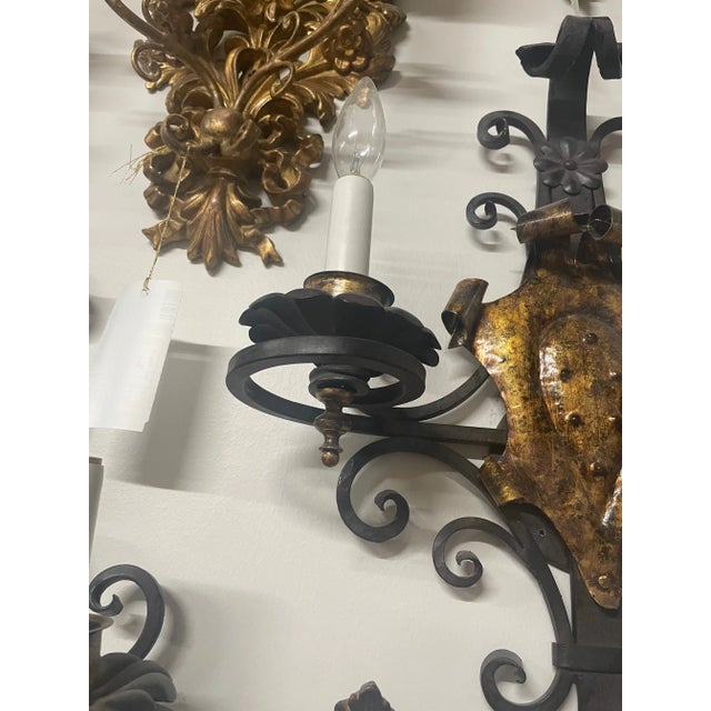Rustic 1990s Italian Iron and Gold Wall Sconces With Two Lights For Sale - Image 3 of 5
