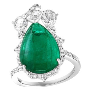 9 Ct Finest Zambian Sugar Loaf Emerald & 2 Ct Rose Cut Diamond Ring Size 7 For Sale