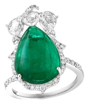 9 Ct Finest Zambian Sugar Loaf Emerald & 2 Ct Rose Cut Diamond Ring Size 7