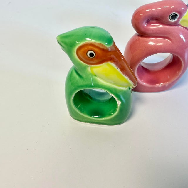 Pink 1980s Vintage Coastal Boho Chic Tropical Birds Ceramic Napkin Rings - Set of 5. For Sale - Image 8 of 10