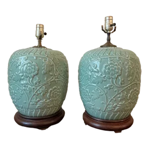 Mid 20th Century Pair of Celadon Lamps