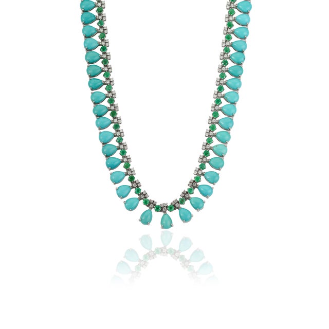 Metal Contemporary 47.9ct Turquoise, Emerald & 2.1ct Diamond 14k White Gold Wedding Necklace For Sale - Image 7 of 17