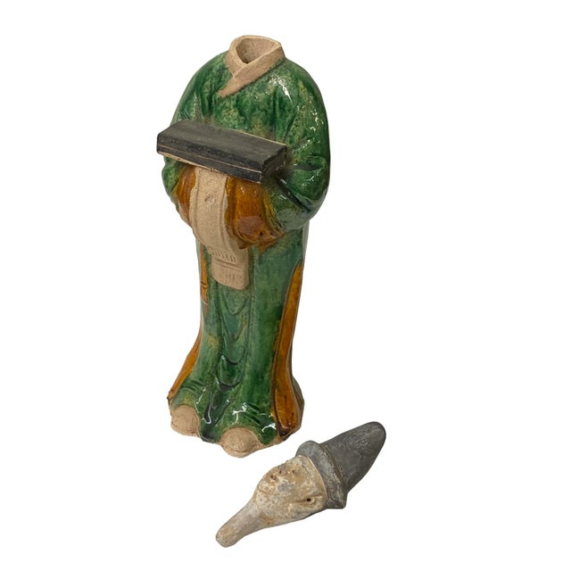 1990s Chinese Green Tri-Color Ceramic Ancient Dressing Art Figure For Sale - Image 5 of 7