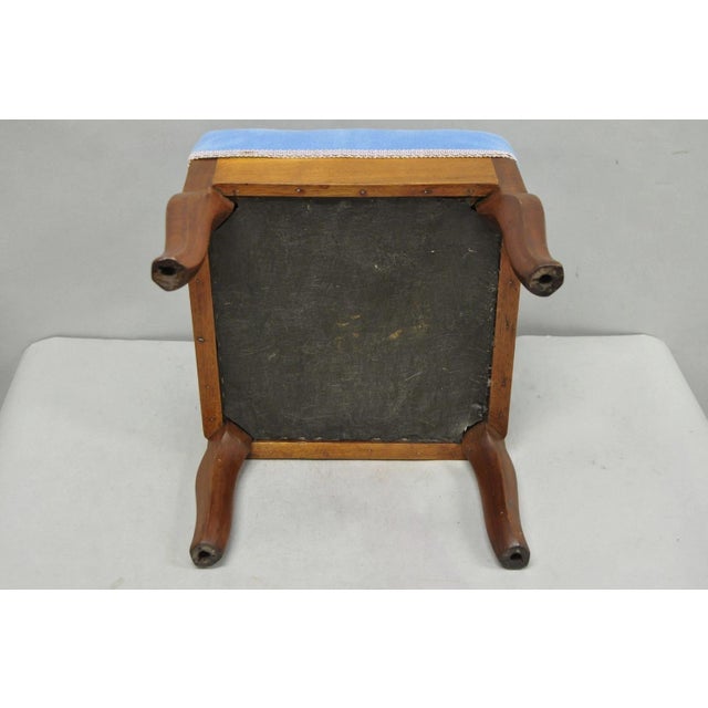 Antique Victorian Walnut Cabriole Leg Blue Tufted Footstool Ottoman Stool For Sale - Image 12 of 15