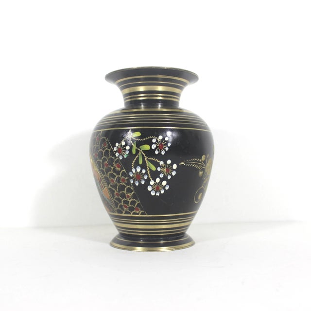 Black Vintage Blackened Painted and Etched Brass Vase Indian Wedding Couple For Sale - Image 8 of 9