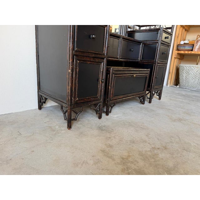 Vintage Chinoiserie Black Lacquered Bamboo Vanity Dressing Table With Mirror, Side Cabinets & Wicker Bench For Sale - Image 15 of 17