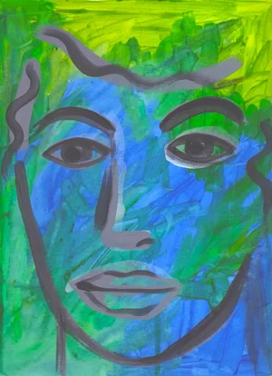 "Young Man in Blues and Greens" Original Modern Fauvist Portrait Acrylic Painting on Paper by CL Auker