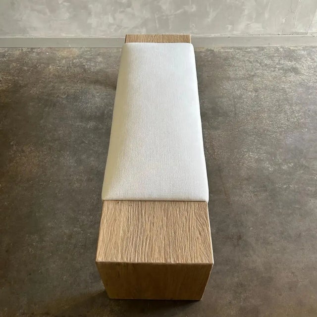 Elm Wood Bench With Linen Upholstery - Off Center For Sale - Image 4 of 9