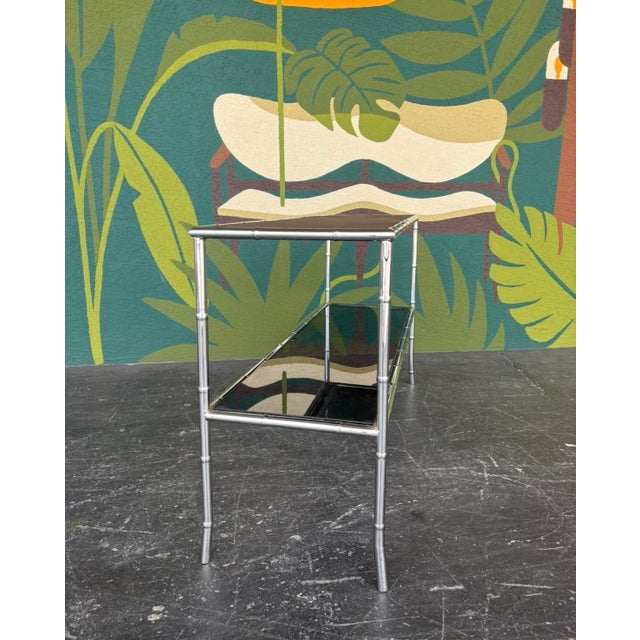 Postmod Chrome Faux Bamboo & Smoked Glass Console Table For Sale - Image 10 of 11