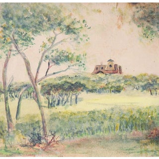 Small Antique Plein Air Manor House Watercolor Study Distressed Painting For Sale