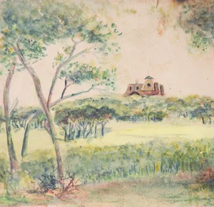 Small Antique Plein Air Manor House Watercolor Study Distressed Painting