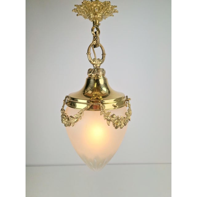 Vintage French Brass Ceiling Lamp with Sanded Glass Shade, 1950s For Sale - Image 6 of 13
