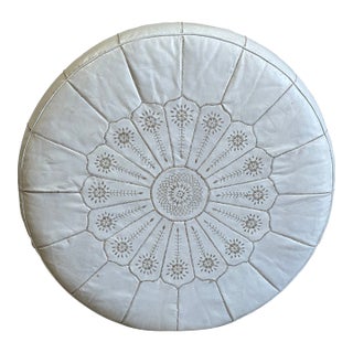 Vintage Oversized White Leather Moroccan Pouf Ottoman For Sale