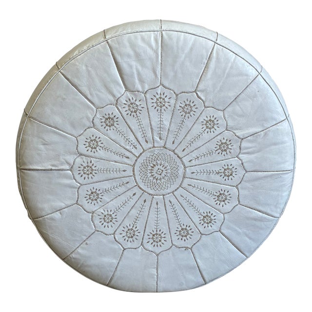 Vintage Oversized White Leather Moroccan Pouf Ottoman For Sale