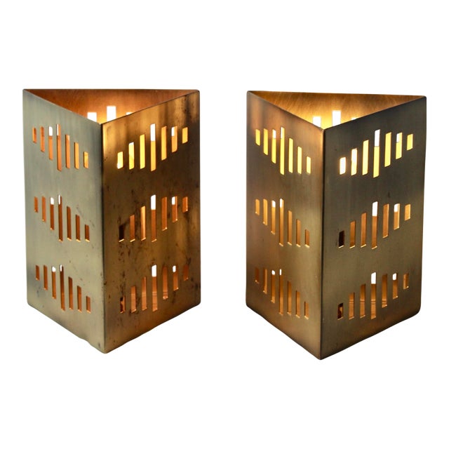 Nate Berkus Style Triangular Brass Bronze Finish Accent Table Lamps-a Pair For Sale