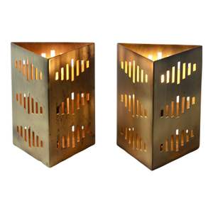 Nate Berkus Style Triangular Brass Bronze Finish Accent Table Lamps-a Pair