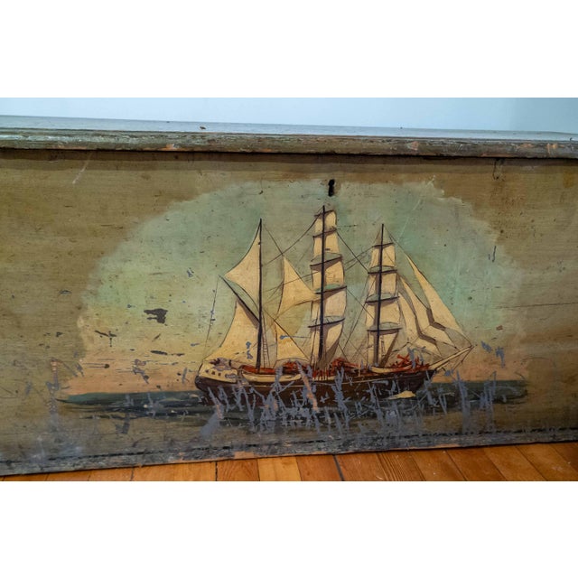 American 19th Century Paint Decorated Blanket Chest With Later Nautical Ship Painting For Sale - Image 3 of 16