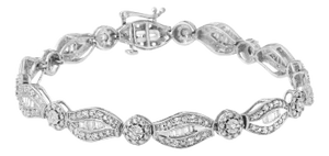 .925 Sterling Silver 1 cttw Diamond Double Leaf and Bezel Link Bracelet (I-J Clarity, I2-I3 Color) - Size 7.25"
