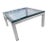 A stylish, bold, low square, polished chrome, and glass coffee table, Milo Baughman Style. Features 2" thick chrome frame,...