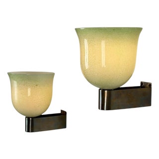 Green and Gilt Murano Glass Sconces by Tomaso Buzzi for Venini, 1940s, Set of 2 For Sale