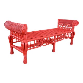 Hollywood Regency Boho Chic Poppy Red Painted Gondola Style Wicker Bench or Table For Sale