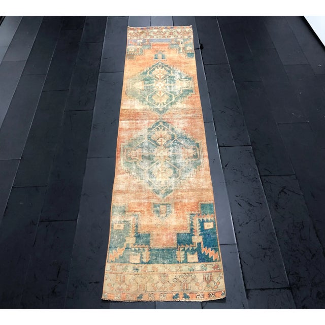 Turkish Oushak Peach and Teal Pastel Handmade Runner Rug - 2′9″ × 11′7″ For Sale - Image 11 of 11