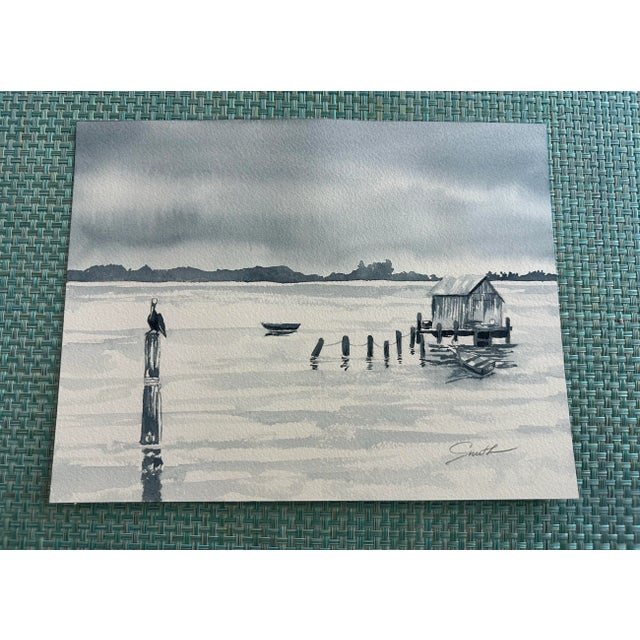 From my own reference. I love these old fishing shanties that rise above the water. Signed and ready to frame.