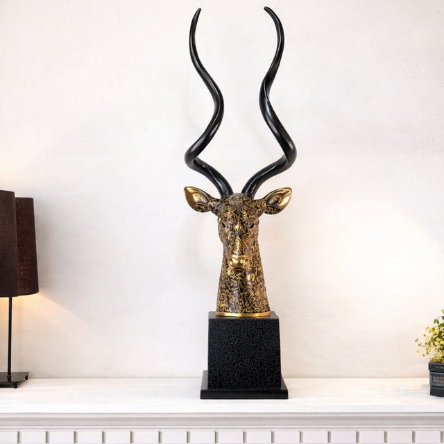 Sculpture Materials Modern Gilded Antelope Bust Sculpture on Plinth, 41” Tall For Sale - Image 7 of 12