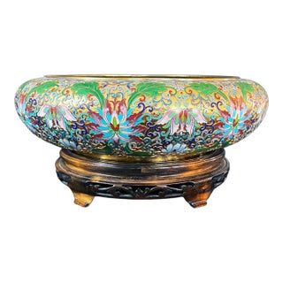 Large Vintage Chinese Cloisonné Lotus Bowl on Carved Wood Stand, 14 Inches For Sale