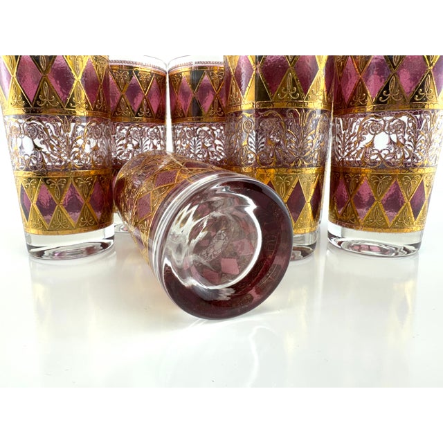 Mid Century West Virginia Glass Company Pink Highball, Regal Amethyst & 22k Gold Harlequin Motif- Set of 7 For Sale - Image 9 of 9