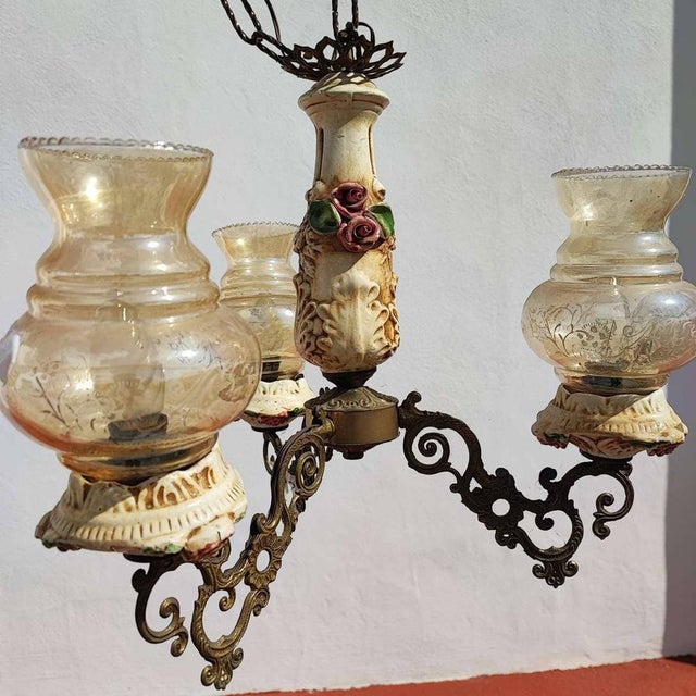 Vintage Glass and Metal Chandelier with Ceramic For Sale - Image 11 of 12