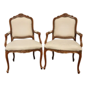 Pair French Bergere Carved Off White Chairs Louis XVI